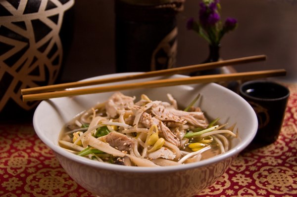 Chinese chicken noodle soup with Star Anise, Sprouts and Ginger