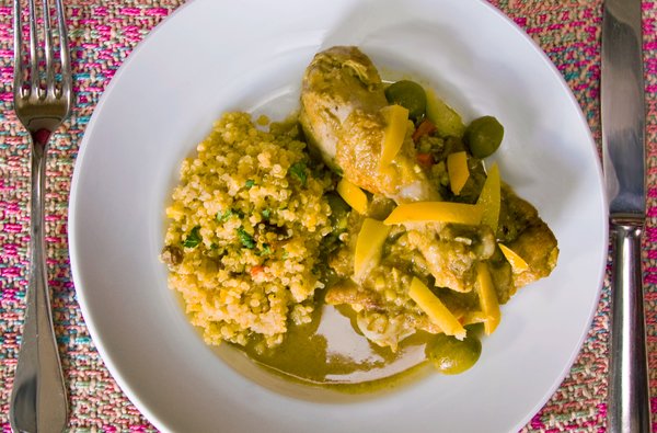 Chicken Tagine with Preserved Lemons, Moroccan Olives and Saffron-Raisin Quinoa